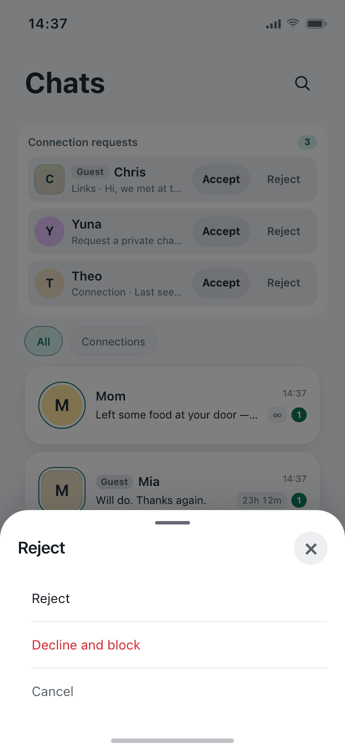 The FadeTalk chat list with the requests inbox and a decline sheet