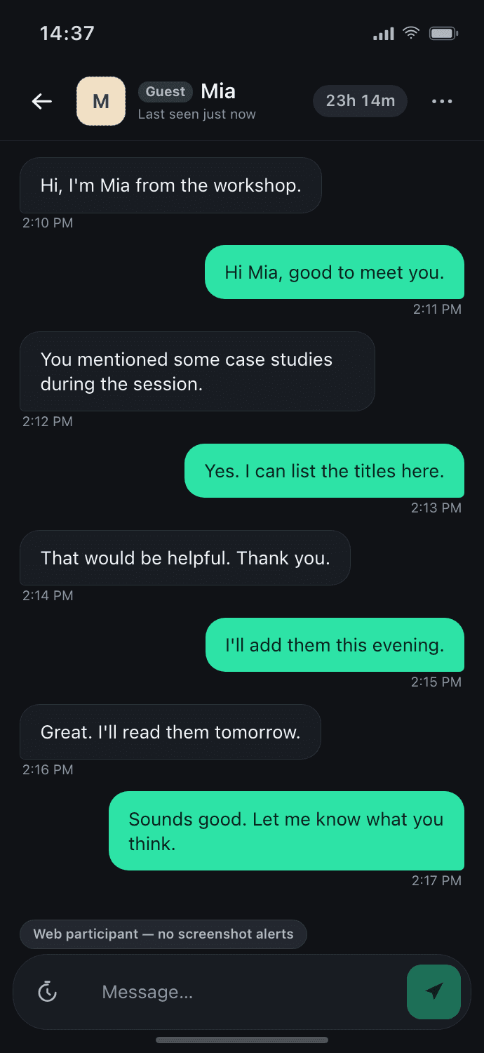 A FadeTalk link chat open in a phone browser, with the guest's and the owner's messages and the time left