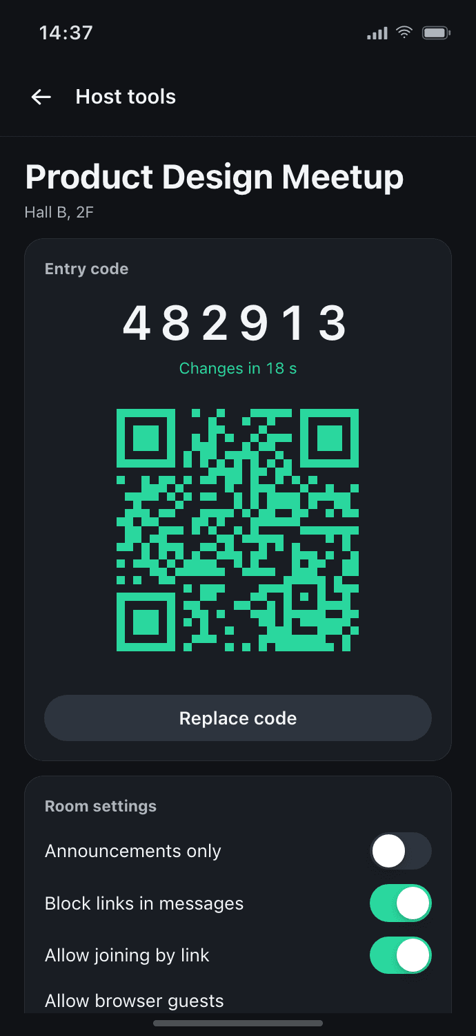 The FadeTalk place room host console with the entry code, its QR and the host settings